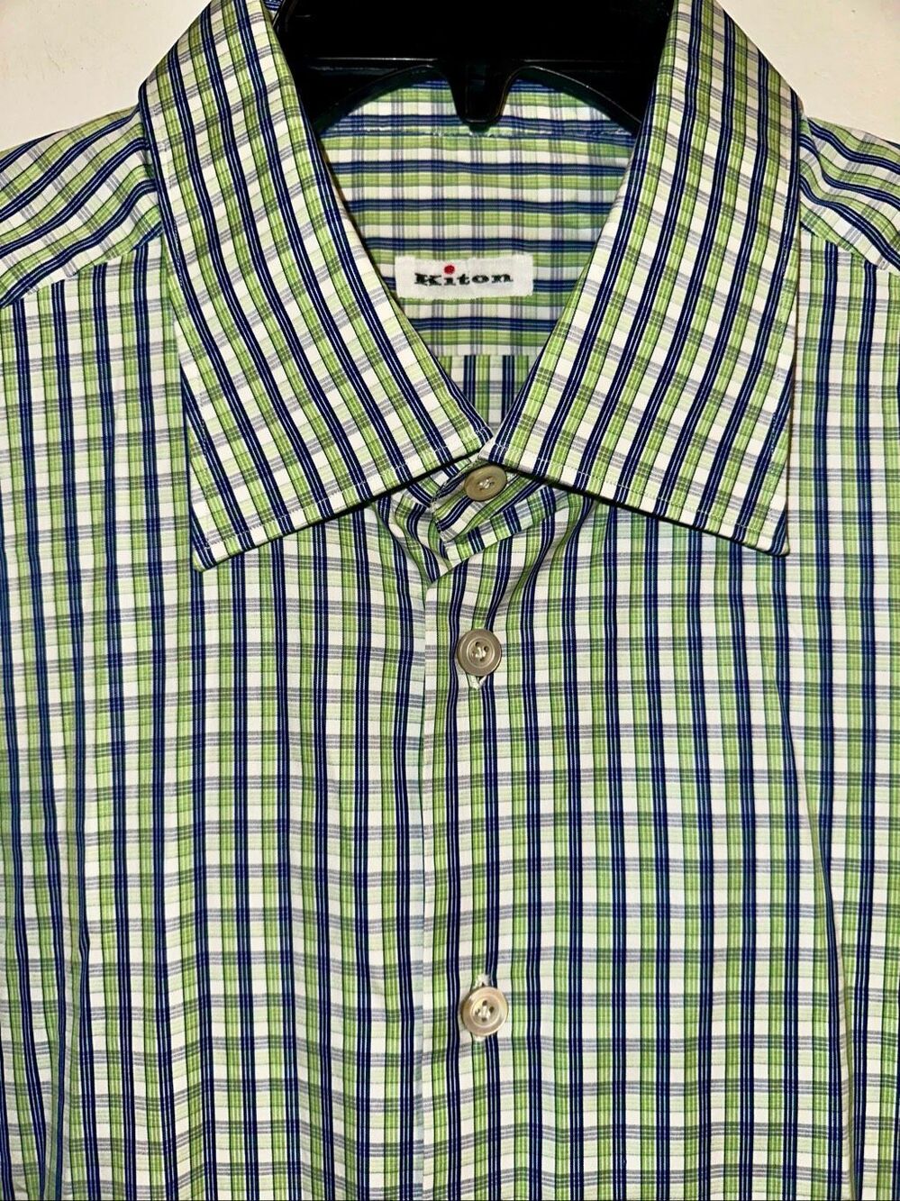 Kiton Shirt Mens Blue Green White striped Plaid LUXURY ITALY Long Sleeve 18.5 Ne